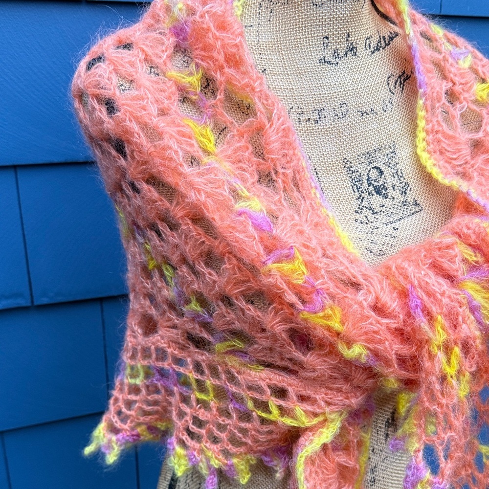 Handcrafted Pink and Yellow Knit Scarf crochet, coral, yellow, and purple wrap - Picture 2 of 9